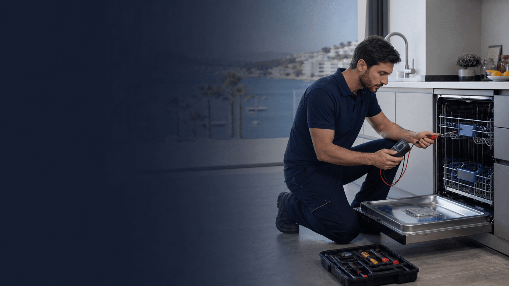 Mumcular Bulaşık Makinesi Servisi için cihaz kontrolü yapan teknik servis çalışanı